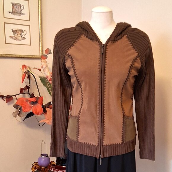 NWT Women's Brown Zip-Up Hooded Cardigan Knitwear Sweater 6 S - Picture 1 of 6